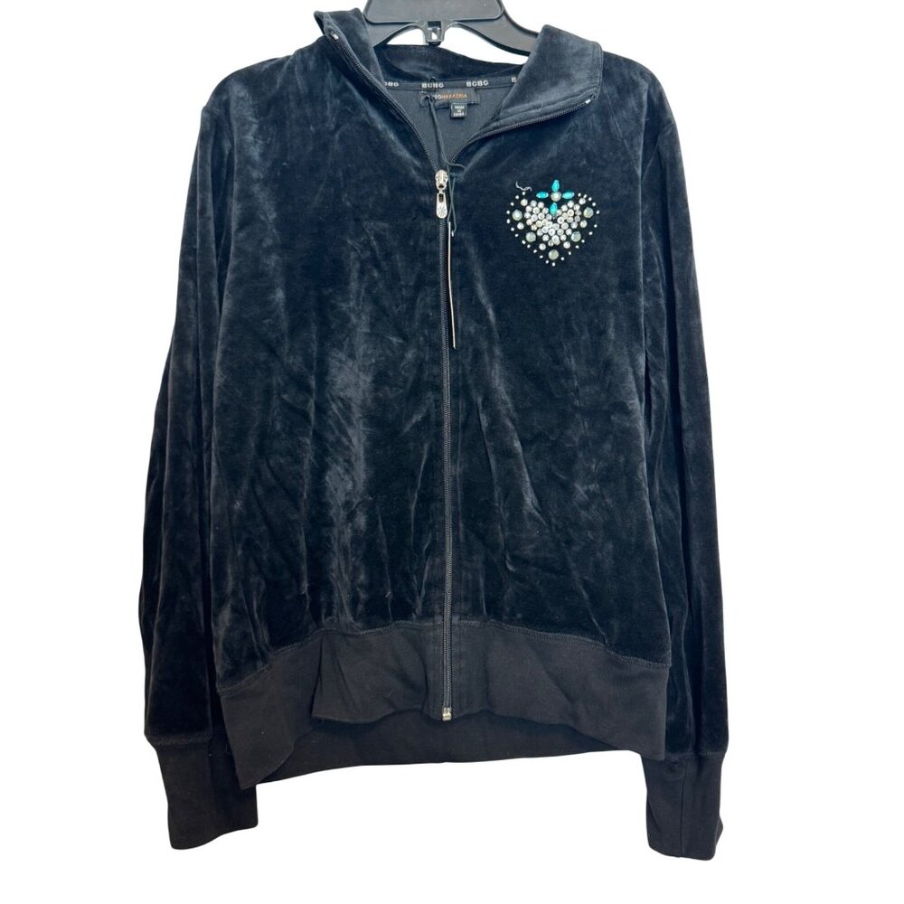 Vintage Y2K BCBG Max Azria Womens Velour Hoodie Jacket M Black Rhinestone Embell